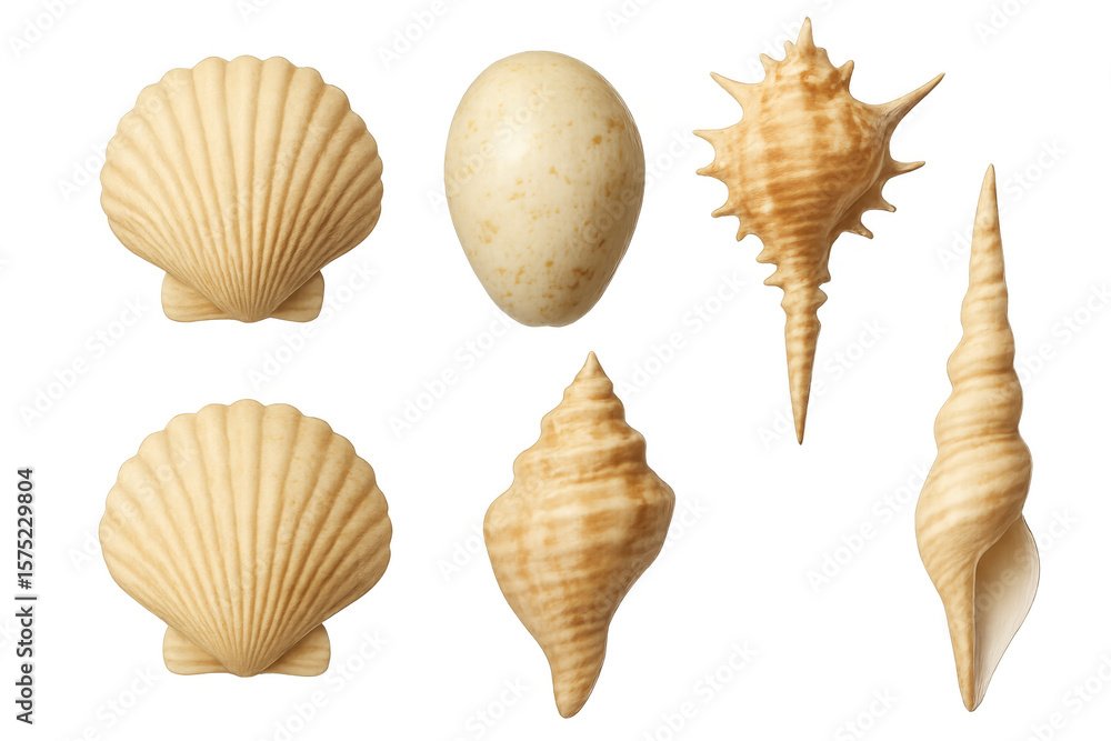 Poster six different seashells and an egg are displayed on a transparent background, creating a versatile i