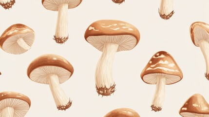 92.A seamless vector illustration featuring hand-drawn shiitake mushrooms in varying sizes, with their textured caps and stems arranged against a neutral background. The earthy tones create a