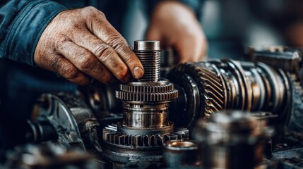 Close-up of a mechanic repairing the transmission in a tractor, with an emphasis on the intricate mechanical components.