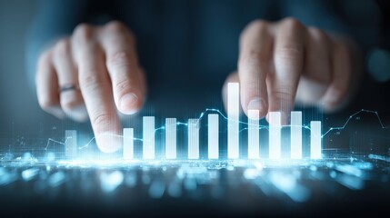 Close-up of digital interface showing bar graphs and financial growth curves, hands interacting with transparent display.