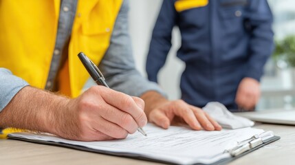 Close-up of man signing document for smart TV installation, contractor in uniform nearby.