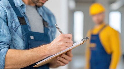 Close-up of man signing document for smart TV installation, contractor in uniform nearby.