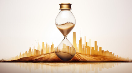 Golden Hourglass Melting into City Skyline Sand – Time Escaping as Smoke, Symbolizing Urban Ephemerality and Change, Surreal Art on Bright White Background