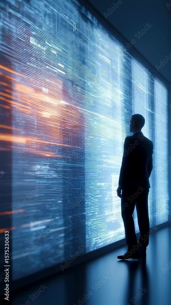 Poster digital silhouette analyzing complex data stream flowing on large screen in darkened room, represent