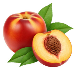 Ripe nectarine fruit with leaves isolated on transparent background