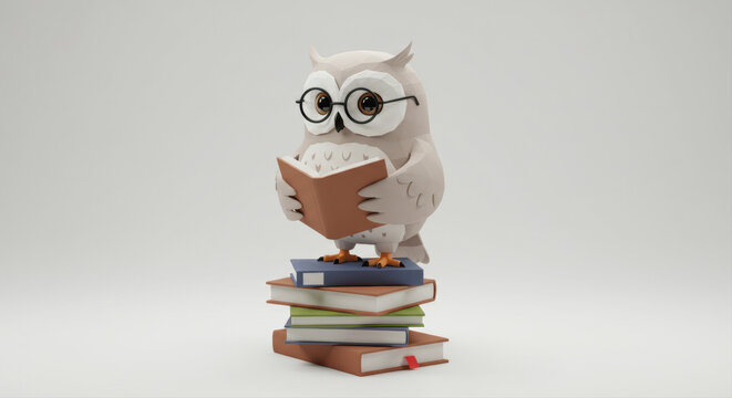 Cartoon owl reading book stack