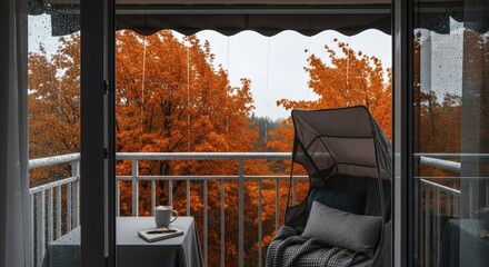 Rainy Autumn Day on Balcony with Vibrant Fall Foliage