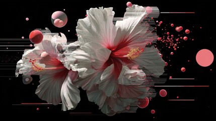 Digitally distorted hibiscus flowers bloom amidst spheres in this abstract glitch art composition.