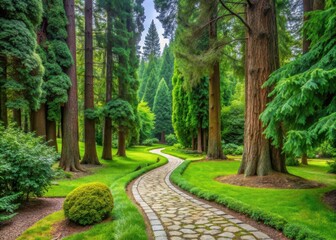 Naklejka premium A serene forest glade surrounded by towering Thuja trees and a winding footpath made of natural stone