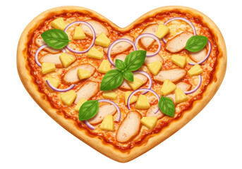 Delicious heart shaped chicken pineapple pizza with basil isolated on transparent background