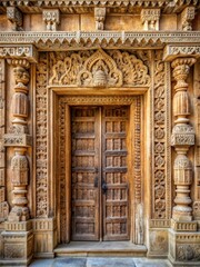 Ancient stone door with intricate carvings in temple