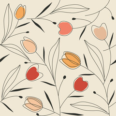 Flower decoration of tulip on orange tones and blue leafs, on a beige color background