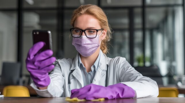 Female doctor sanitizing a smartphone with disinfectant wipes in her office, focusing on the importance of cleaning personal devices.