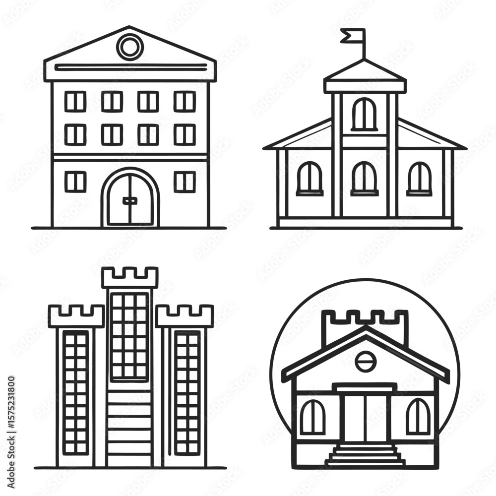 Poster four building icons abstract line art architecture structure