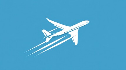 White airplane silhouette ascending with motion trails on a blue gradient background