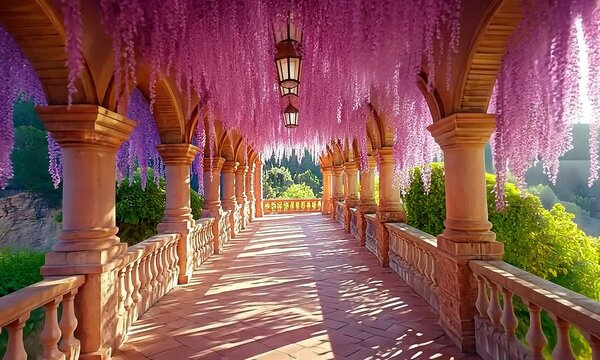 Whimsical wisteria-covered colonnade