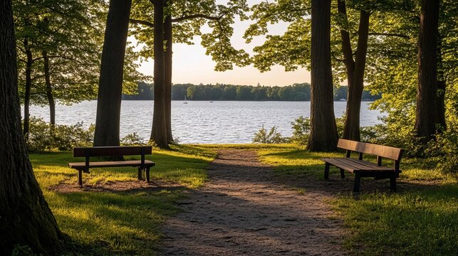 Serene lakeside scene with two park benches nestled amongst tall trees, bathed in the golden light of sunset. A tranquil path leads towards the calm water
