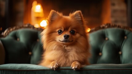 Adorable Pomeranian dog with fluffy fur and expressive eyes sitting on elegant velvet sofa in cozy living room with warm ambient lighting and vintage decor
