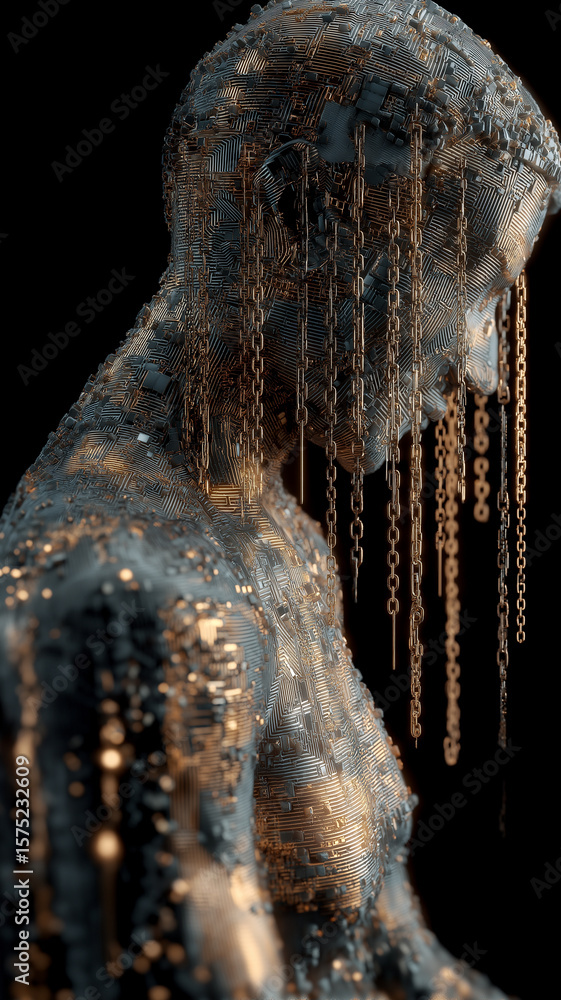 Aufkleber digital sculpture of humanoid figure is composed of intricate circuit patterns and adorned with hang