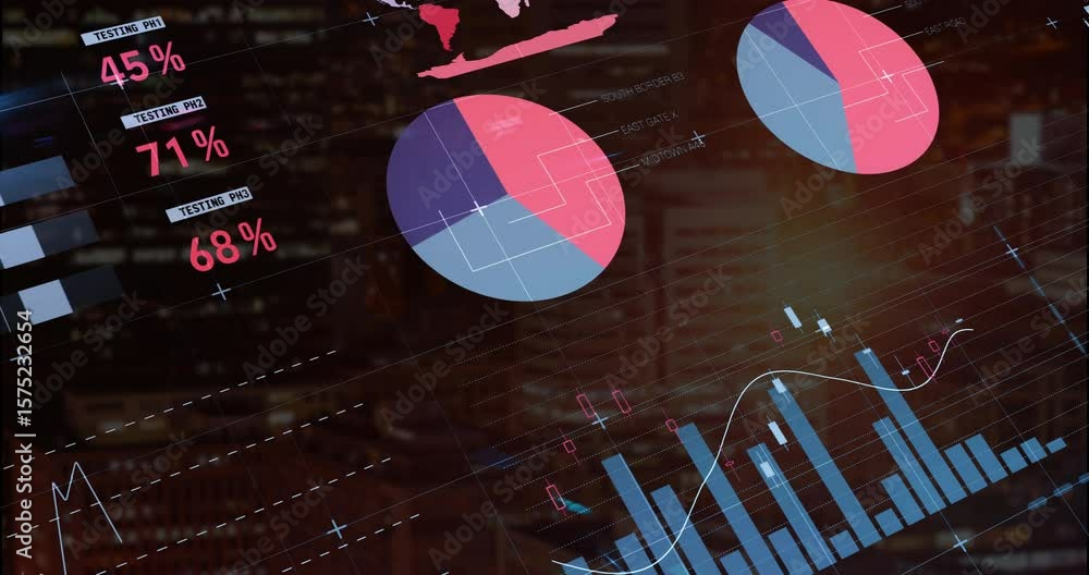 Poster infographic dashboard starting with table appearing gauge dropping bars rising and data visualizing
