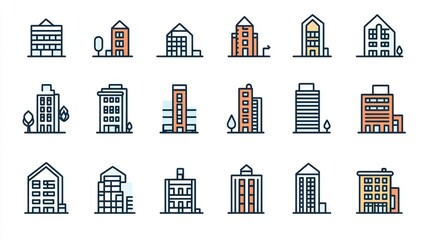 A set of colorful line-art illustrations of various building designs against a white background