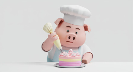 Cartoon pig chef decorating cake
