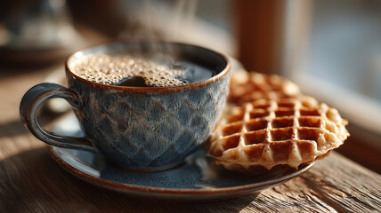 steaming coffee cup beside delicious waffles on wooden table
