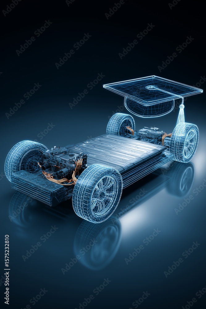 Aufkleber digital rendering of electric vehicle chassis with educational elements symbolizes integration of te