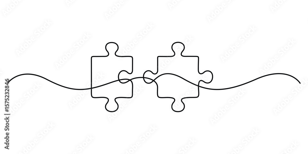 Poster continuous one line drawing of two puzzle pieces. isolated on white background vector illustration