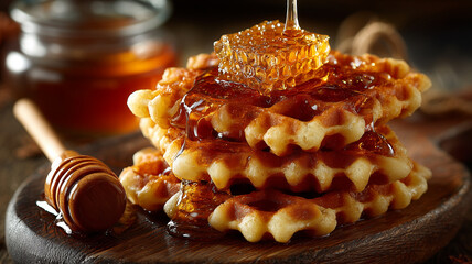 Delicious mini waffles stacked with honeycomb and syrup, perfect for breakfast!