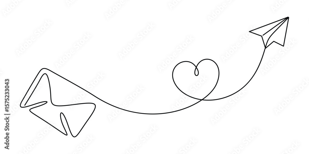 Aufkleber continuous one line drawing of envelope mail with paper airplane, envelope mail with flying paper pl