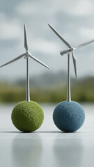 Two wind turbines with green and blue textured bases stand against blurred natural background, symbolizing renewable energy and environmental sustainability