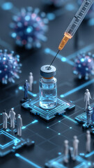 Digital representation of vaccine distribution highlights intersection of public health and cybersecurity, featuring vial and syringe on circuit board with virus models