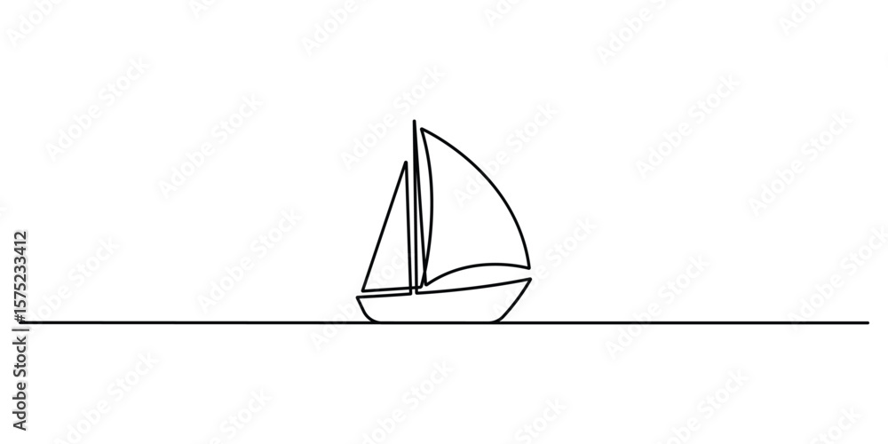 Poster continuous single minimal line drawing sailing, sailboat continuous one line icon drawing on white b