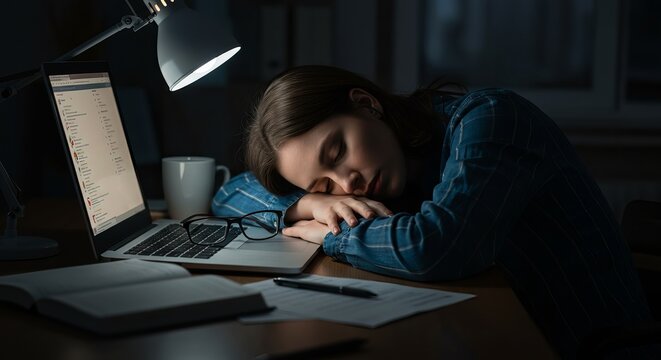 Exhausted Woman Sleeping at Desk After Work