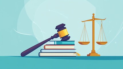 Illustration of legal symbols gavel atop books, scales of justice on turquoise background