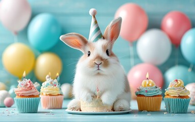 Cute bunny with party decorations