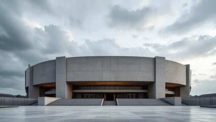 Obraz premium Modern Concrete Round Building Exterior Minimalist Architecture with Cloudy Sky