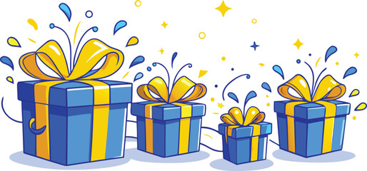 Four Blue and Yellow Gift Boxes with Bows and Confetti