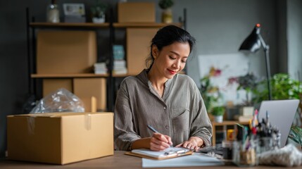 Fototapeta premium Portrait of confident Asian woman SME owner checking order list while packing boxes at home office, online business setup.