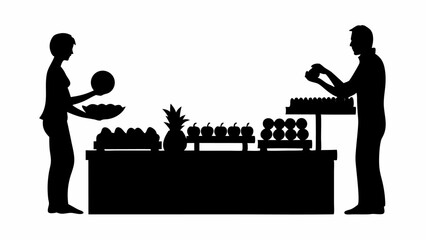 Silhouette of people shopping for fruits and vegetables at a market stand with pineapple and apples | editable eps vectors