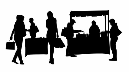 Silhouette of people shopping at market stalls with bags and a canopy on a white background scene | editable eps vectors