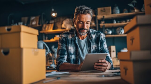 Small business owner sitting at desk with cardboard boxes, holding tablet and reviewing online orders, startup success concept.