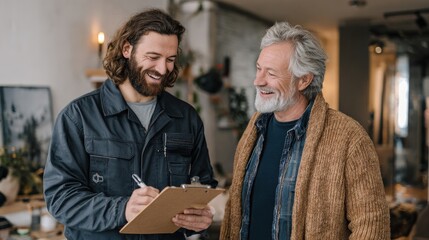 Fototapeta premium Technician showing contract on clipboard to man inside cozy home before TV setup, both smiling.