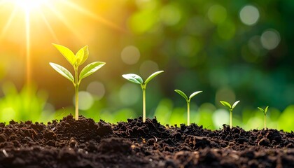 A row of small plants are growing in the dirt