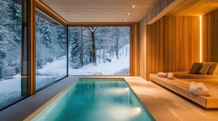 Modern indoor pool with snowy forest views