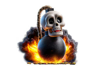 3D cartoon, a happy skull on a black bomb icon with a burning lit fuse