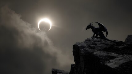 A black-winged demon perched on a mountain cliff during eclipse