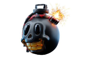 3D cartoon, a happy skull on a black bomb icon with a burning lit fuse