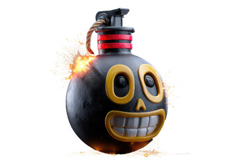 3D cartoon, a happy skull on a black bomb icon with a burning lit fuse